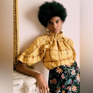 Sézane Cassandre Blouse in Ochre Check Linen FR 38 / US 6